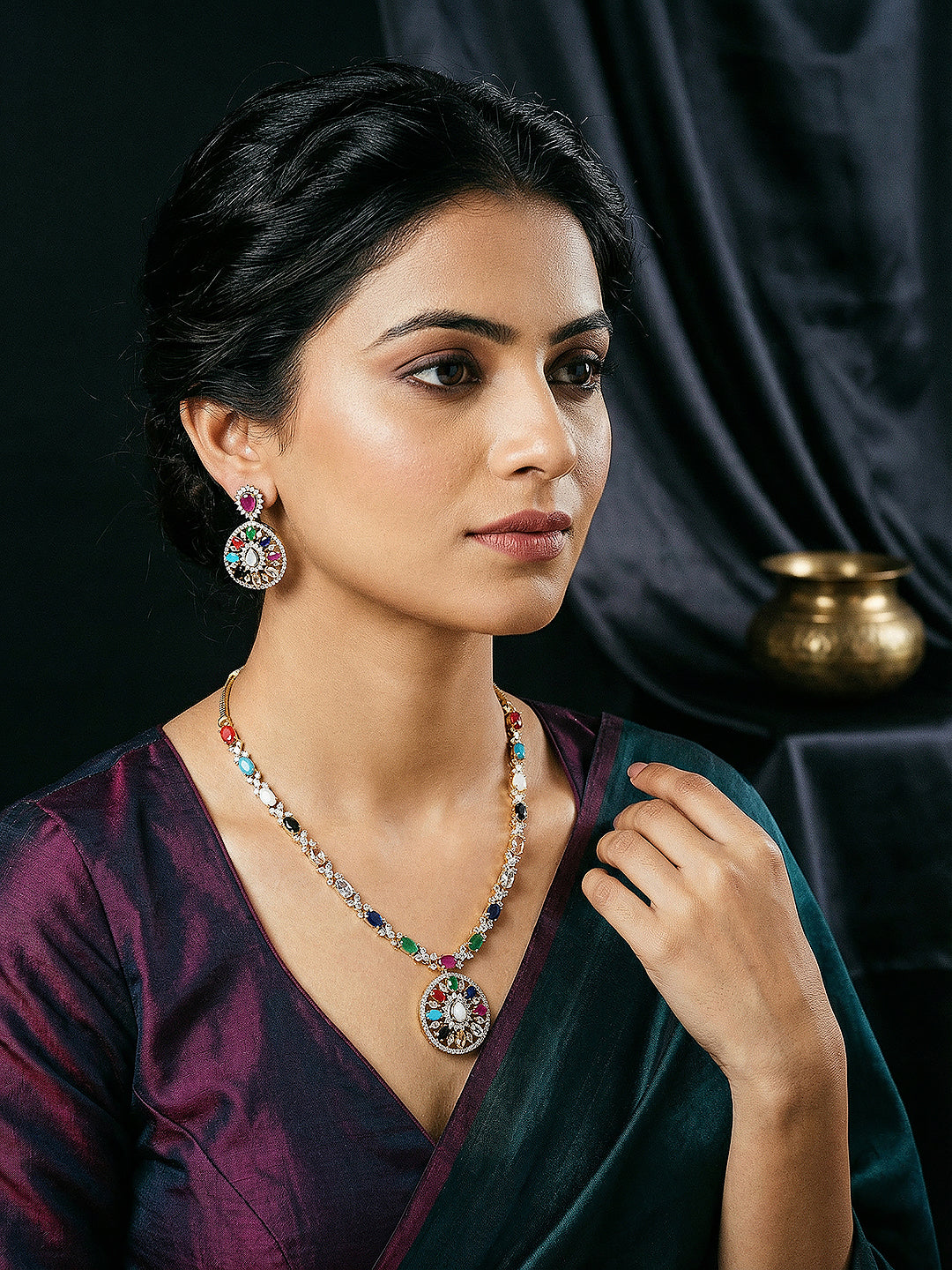 Gold Plated Nav Ratna Zircon Studded  Temple Pendant  Jewellery Set