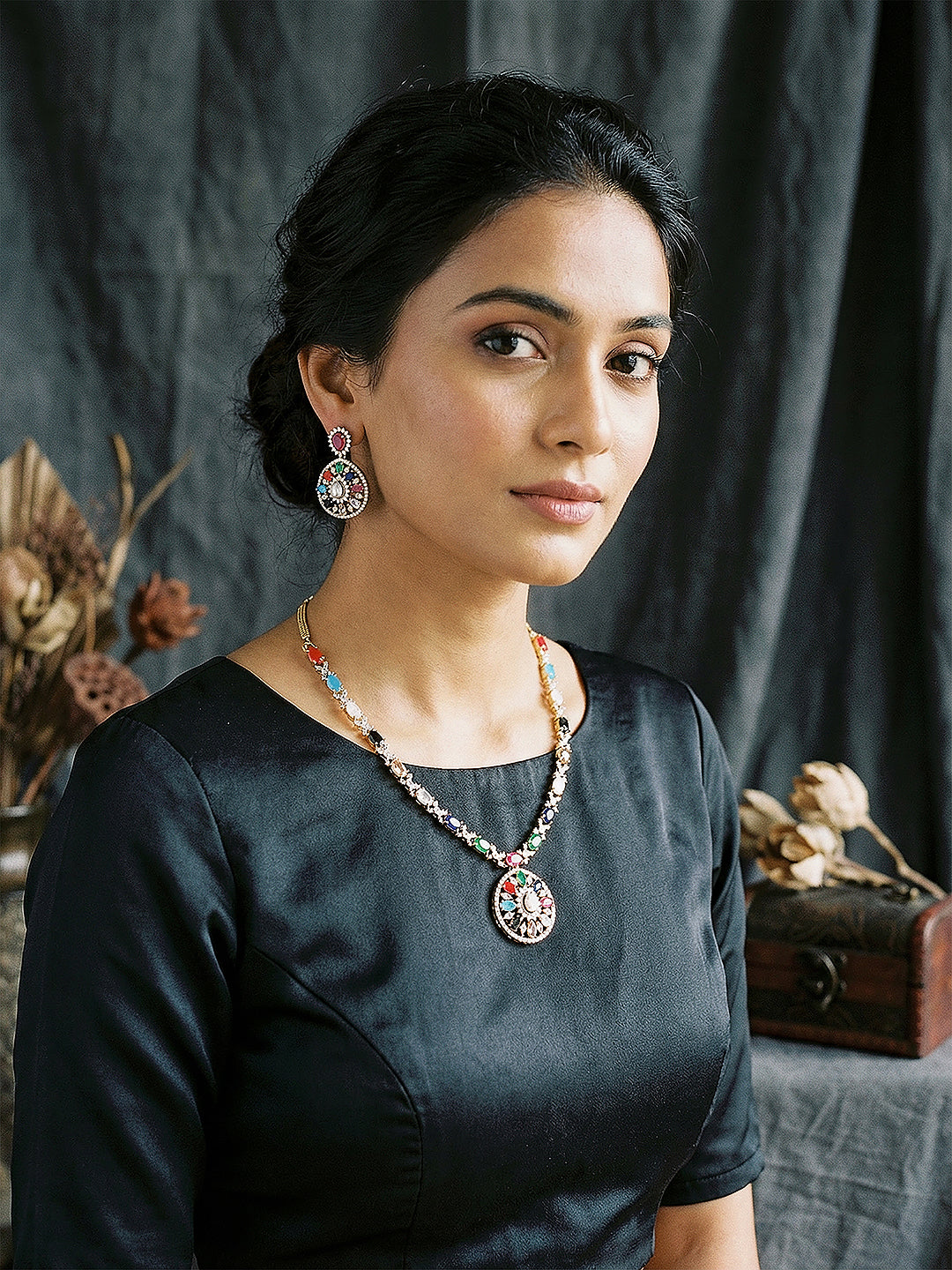 Gold Plated Nav Ratna Zircon Studded  Temple Pendant  Jewellery Set