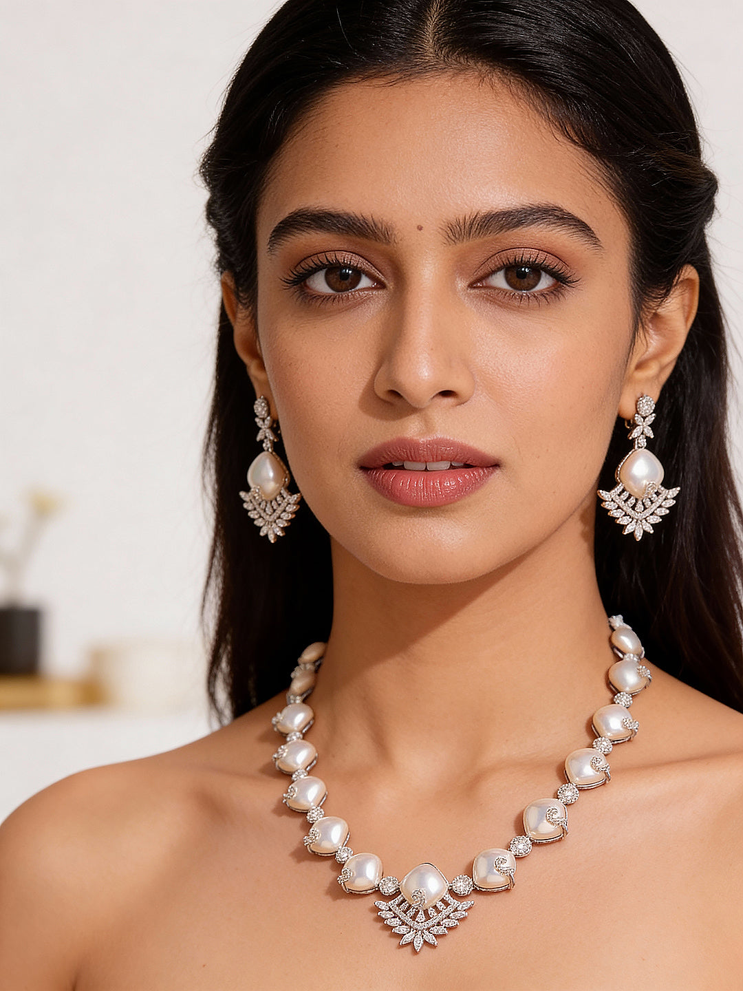 Silver Plated AD & Pearl Studded Designer Cocktail Jewellery Set