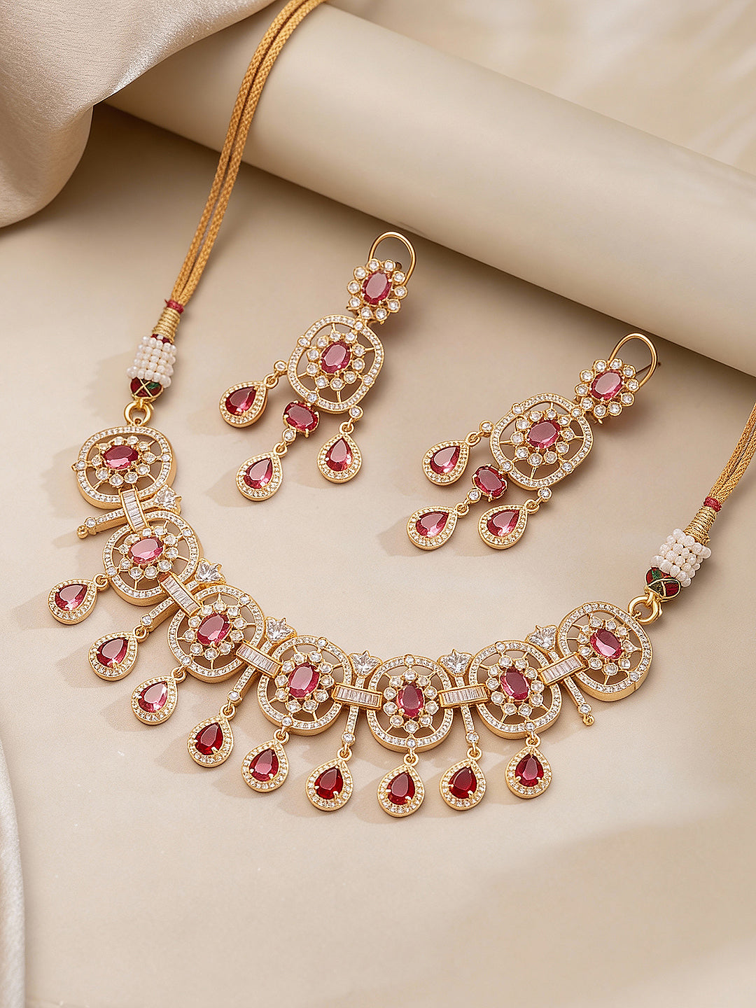 Gold Plated Ruby Red AD Studded Luxe Choker Jewellery Set