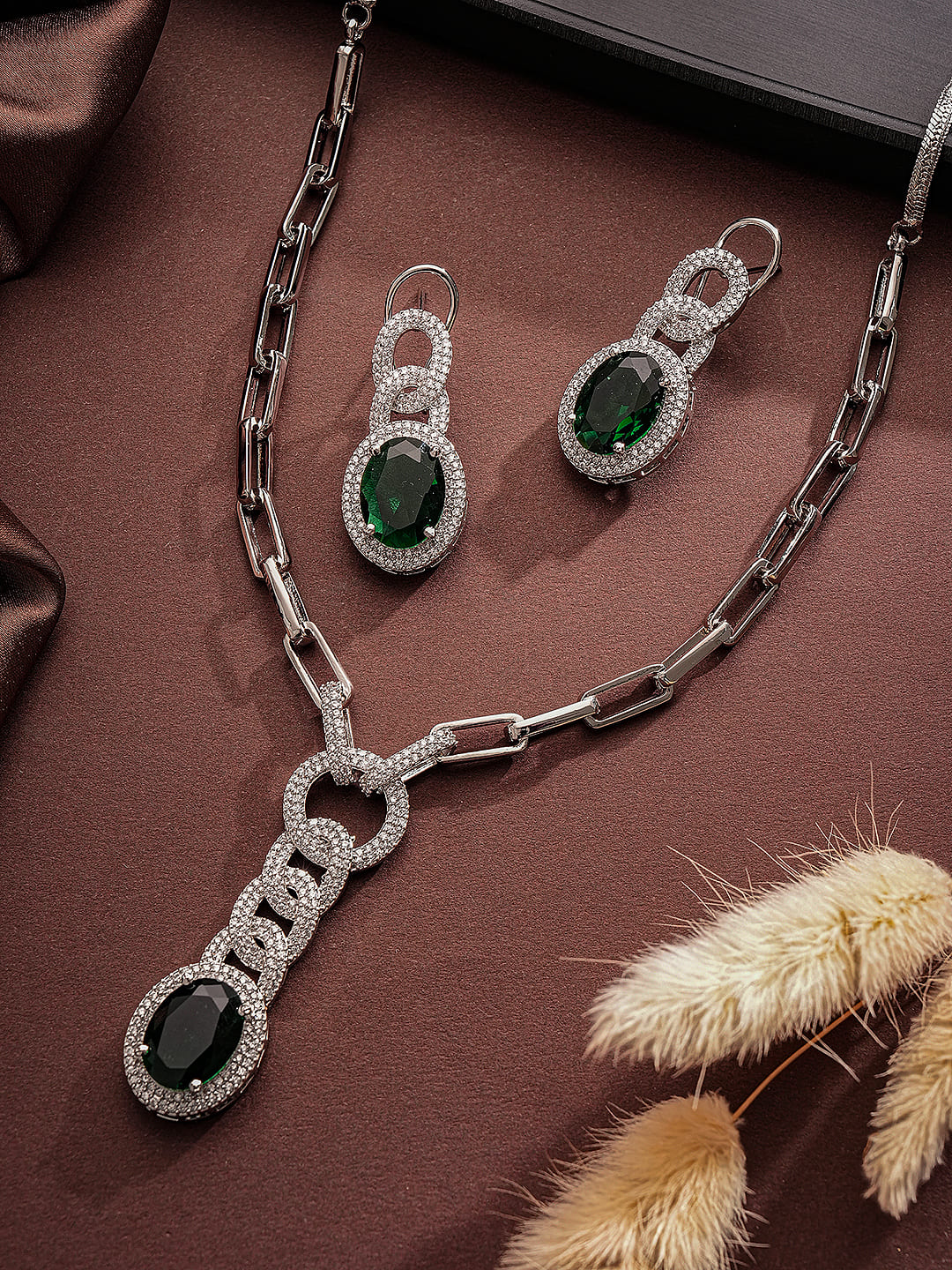 Silver Plated Emerald Green AD Studded Cocktail Link Jewellery Set
