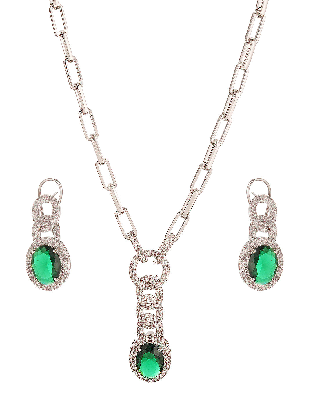 Silver Plated Emerald Green AD Studded Cocktail Link Jewellery Set
