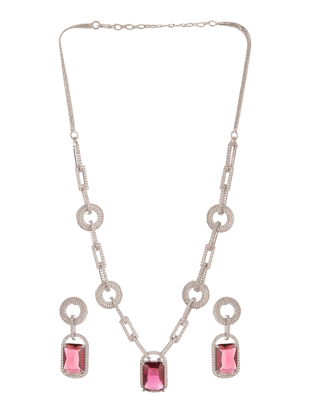 Silver Plated Ruby Red  AD Studded Cocktail Link Jewellery Set