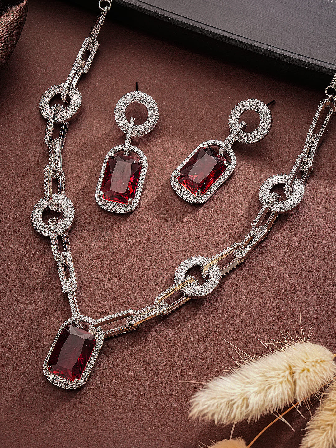 Silver Plated Ruby Red  AD Studded Cocktail Link Jewellery Set