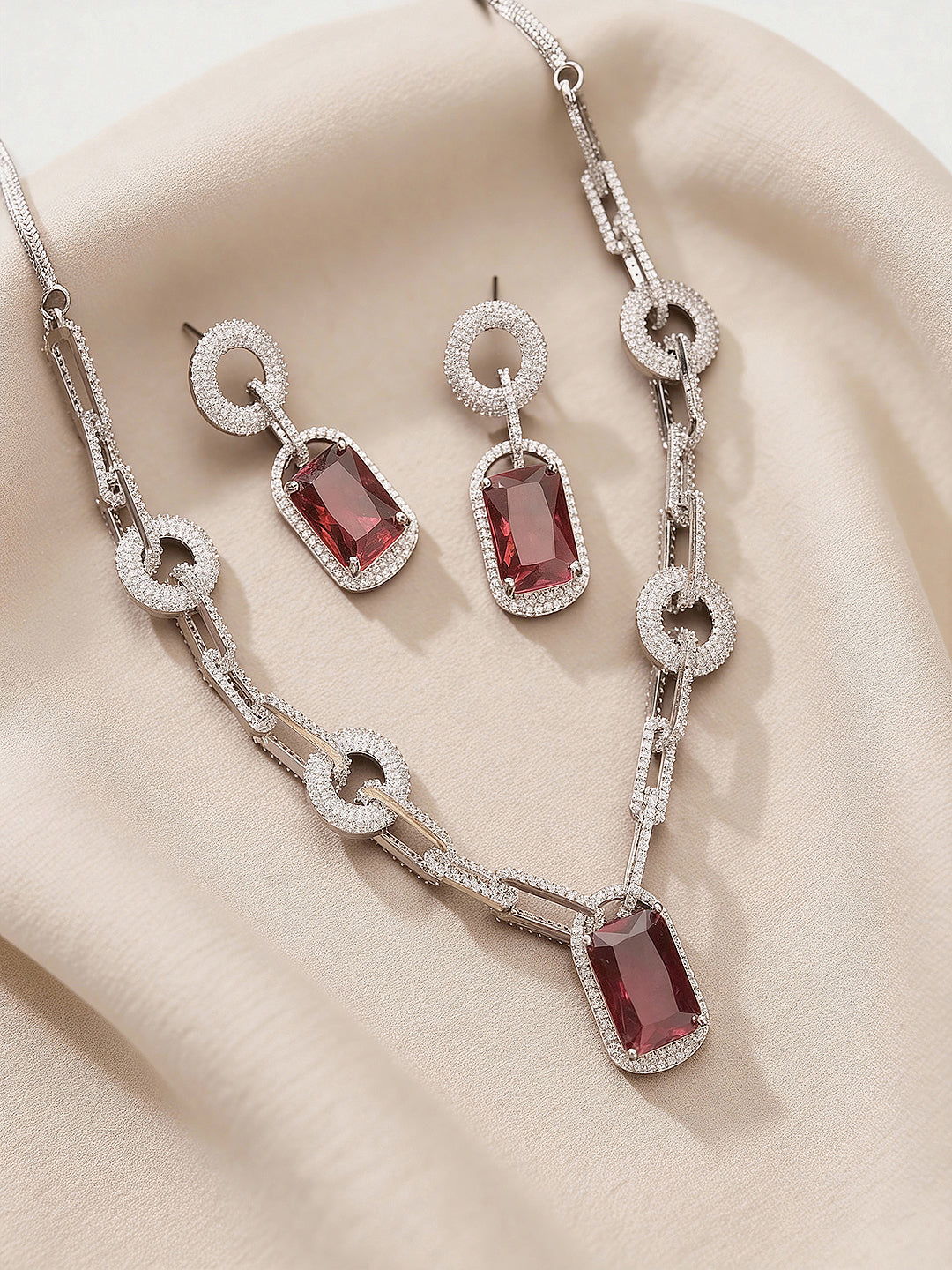Silver Plated Ruby Red  AD Studded Cocktail Link Jewellery Set