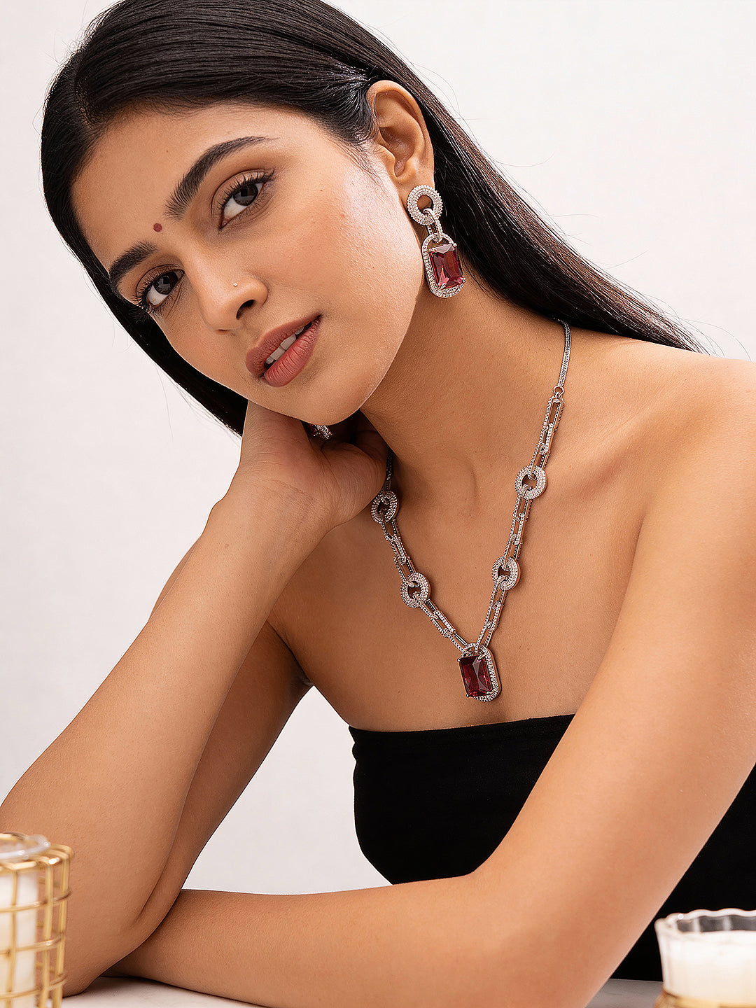 Silver Plated Ruby Red  AD Studded Cocktail Link Jewellery Set