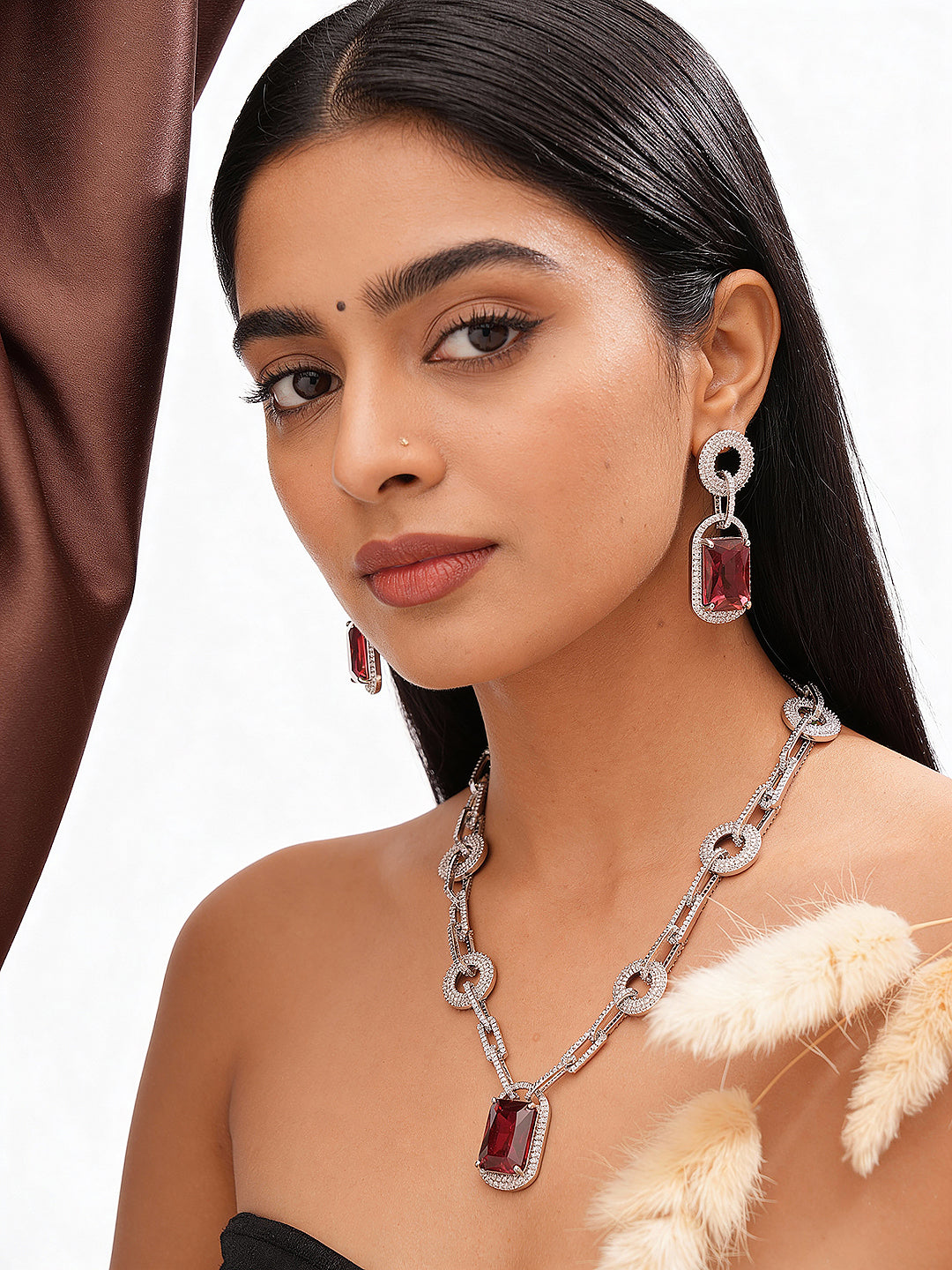 Silver Plated Ruby Red  AD Studded Cocktail Link Jewellery Set