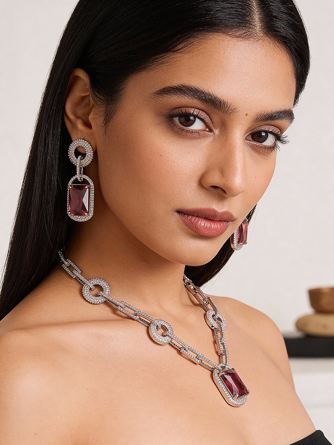 Silver Plated Ruby Red  AD Studded Cocktail Link Jewellery Set