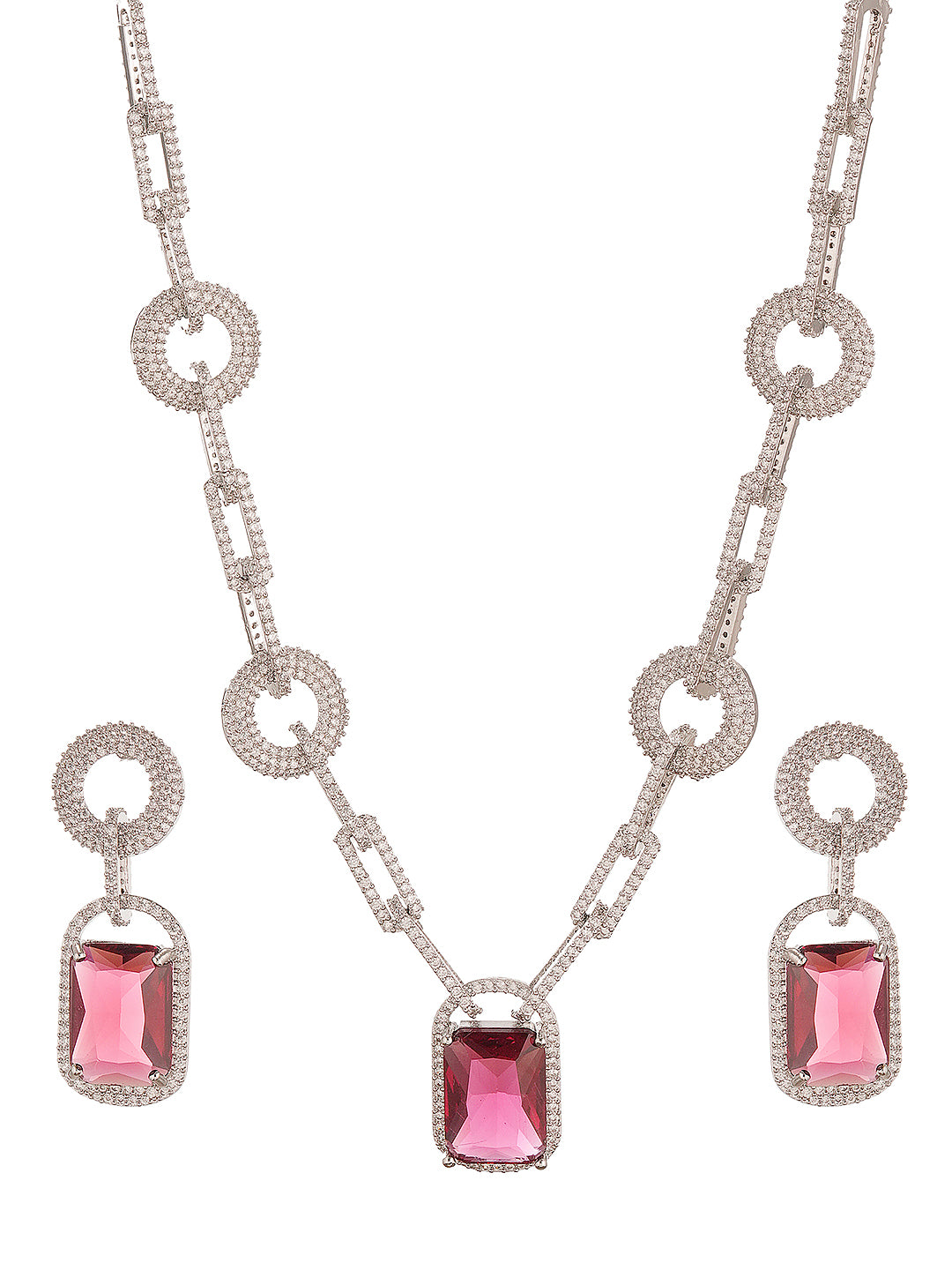 Silver Plated Ruby Red  AD Studded Cocktail Link Jewellery Set