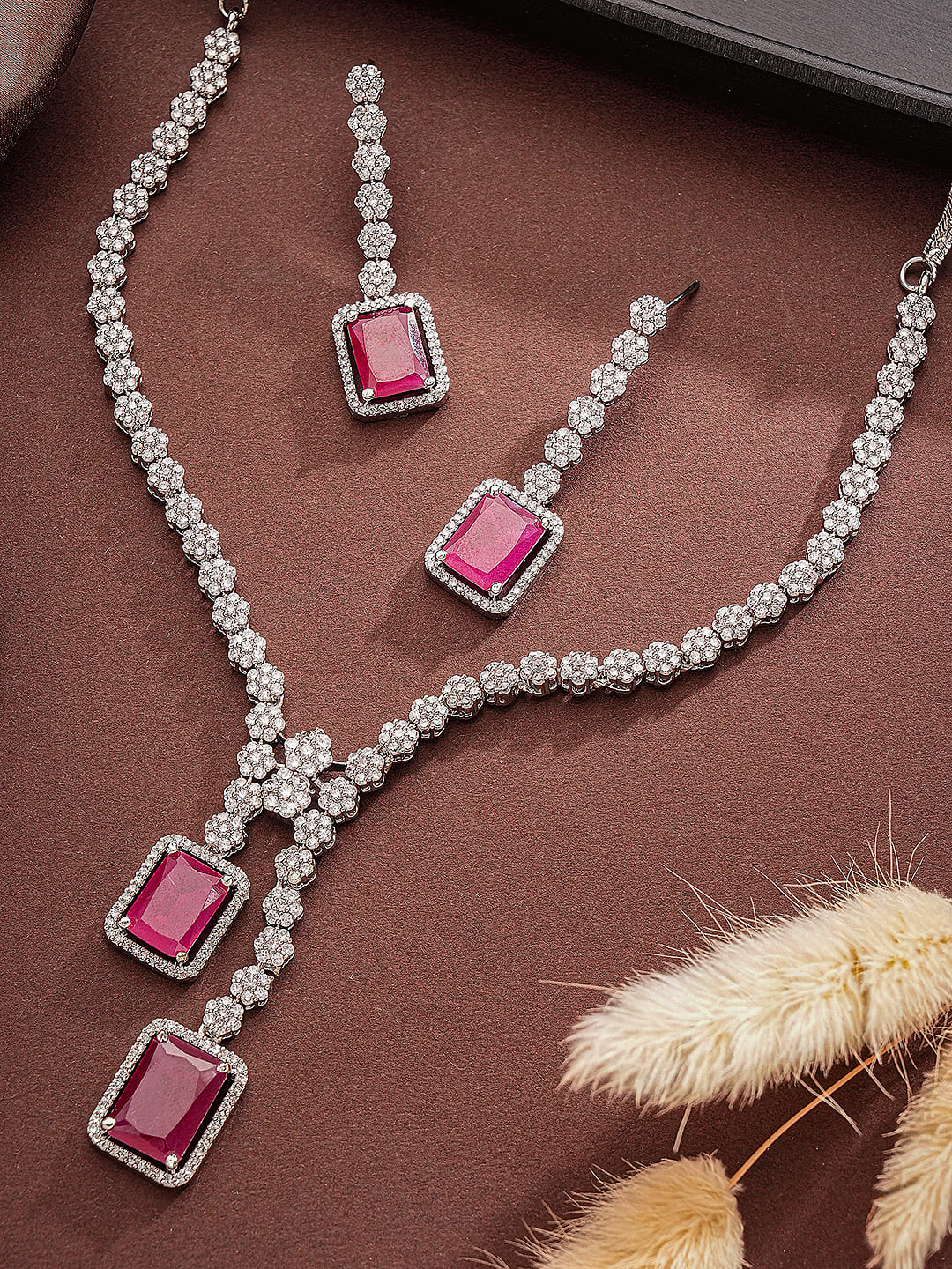 Silver Toned Ruby Red AD Zircon Studded Dangling Cocktail Jewellery Set