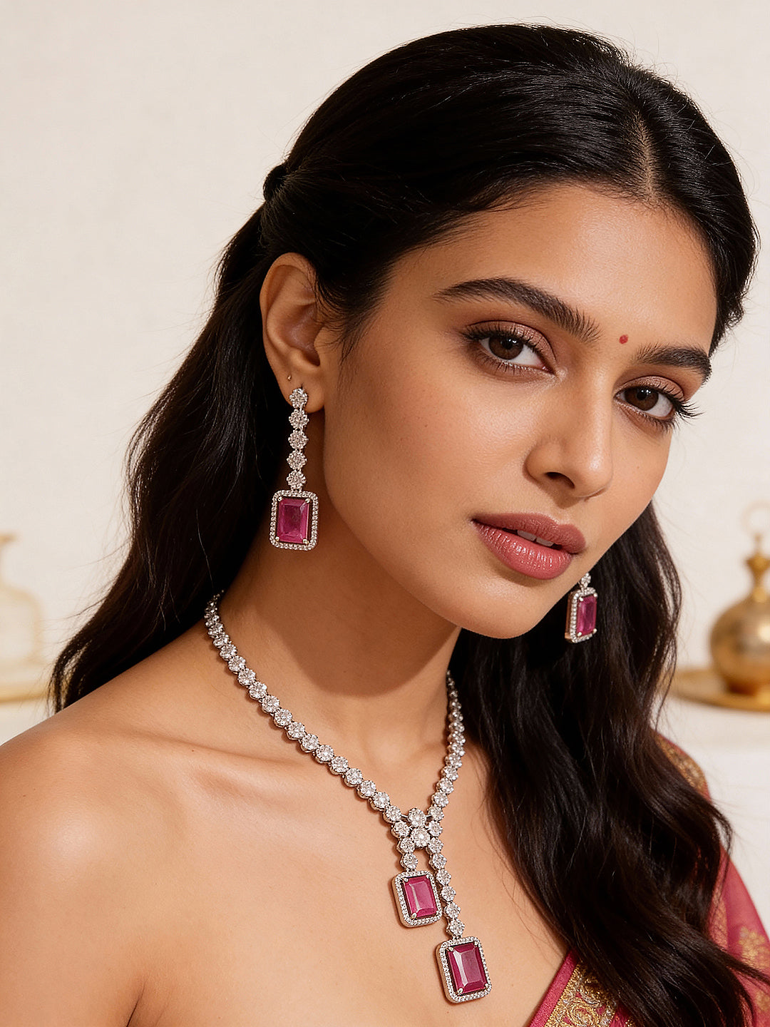 Silver Toned Ruby Red AD Zircon Studded Dangling Cocktail Jewellery Set