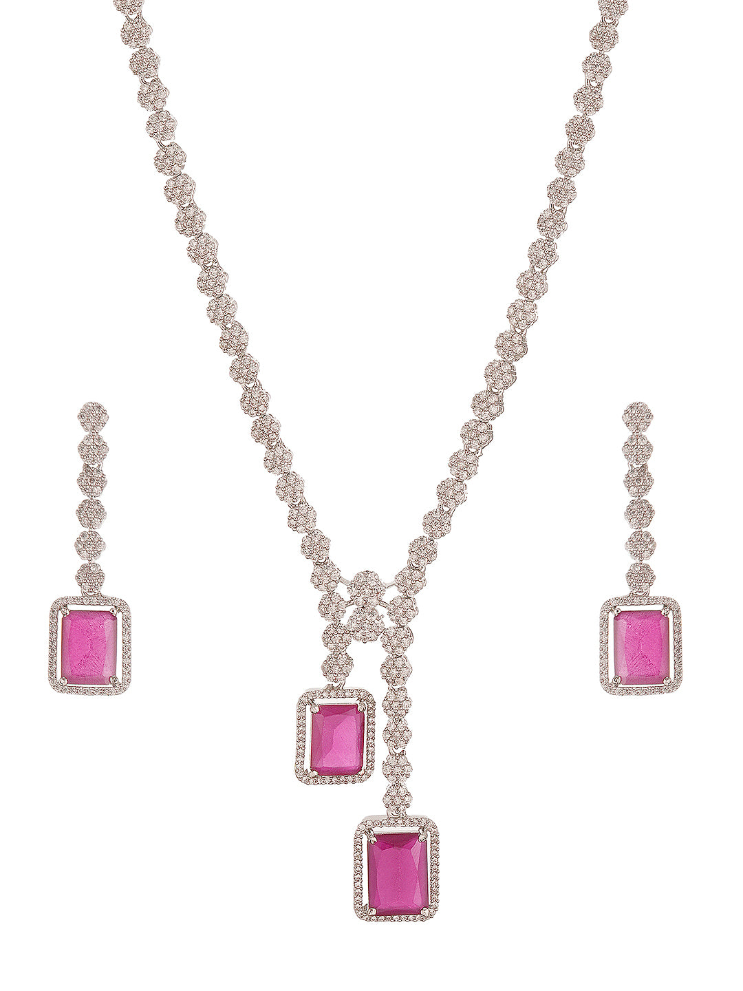 Silver Toned Ruby Red AD Zircon Studded Dangling Cocktail Jewellery Set