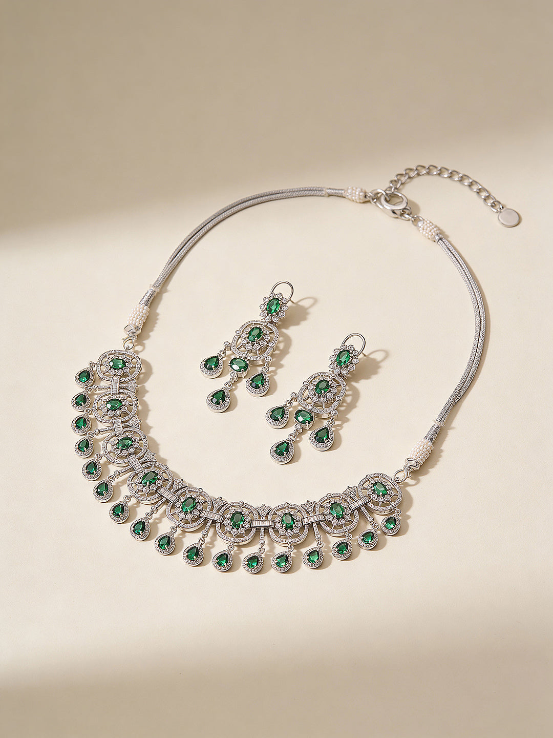 Silver  Plated Emerald Green  AD Studded Luxe Choker Jewellery Set