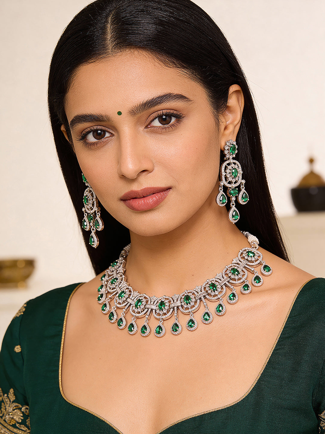 Silver  Plated Emerald Green  AD Studded Luxe Choker Jewellery Set