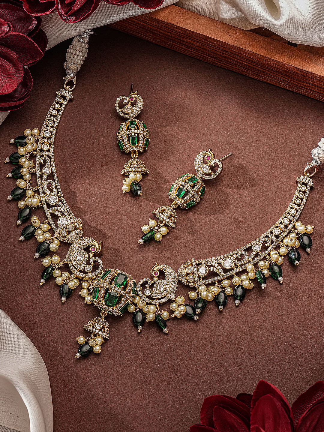 Antique Gold Plated Green Emerald AD  & Kundan Studded Temple Peacock Motif  Choker Jewellery Set