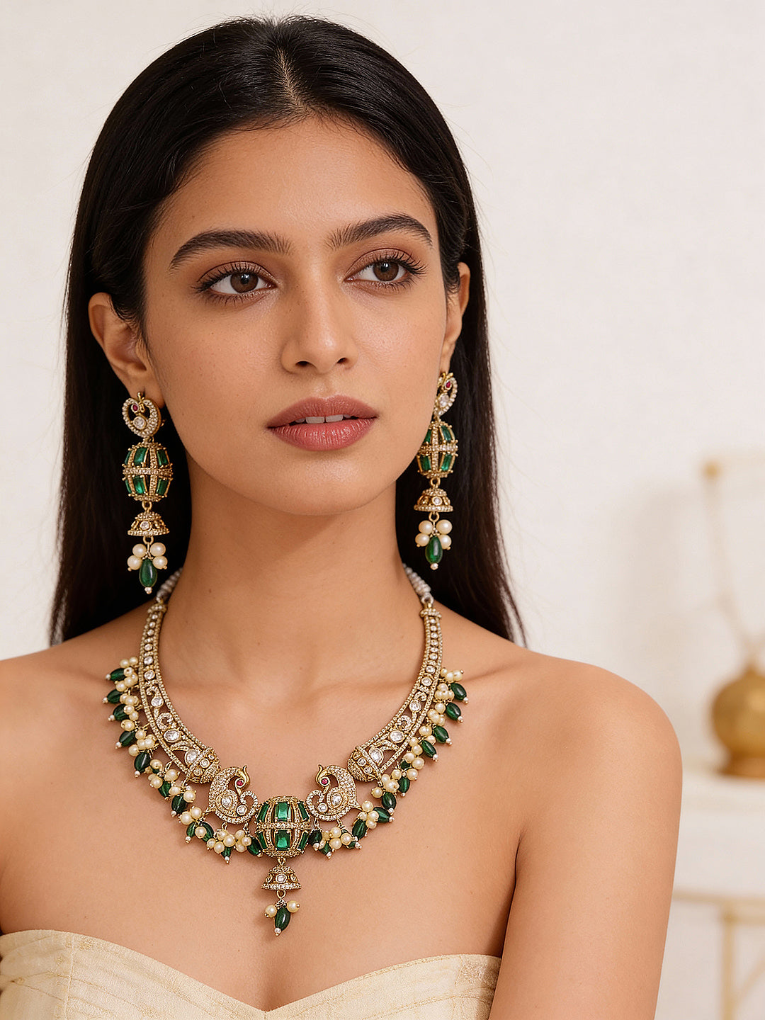 Antique Gold Plated Green Emerald AD  & Kundan Studded Temple Peacock Motif  Choker Jewellery Set