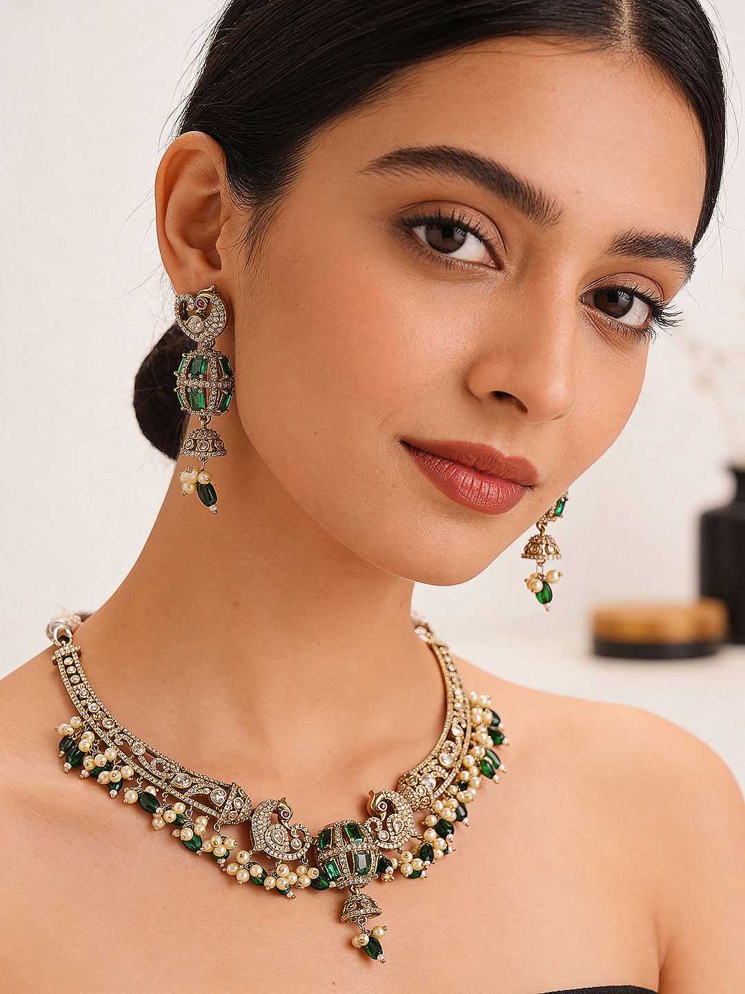 Antique Gold Plated Green Emerald AD  & Kundan Studded Temple Peacock Motif  Choker Jewellery Set