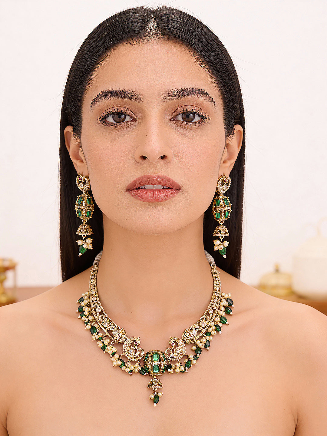 Antique Gold Plated Green Emerald AD  & Kundan Studded Temple Peacock Motif  Choker Jewellery Set