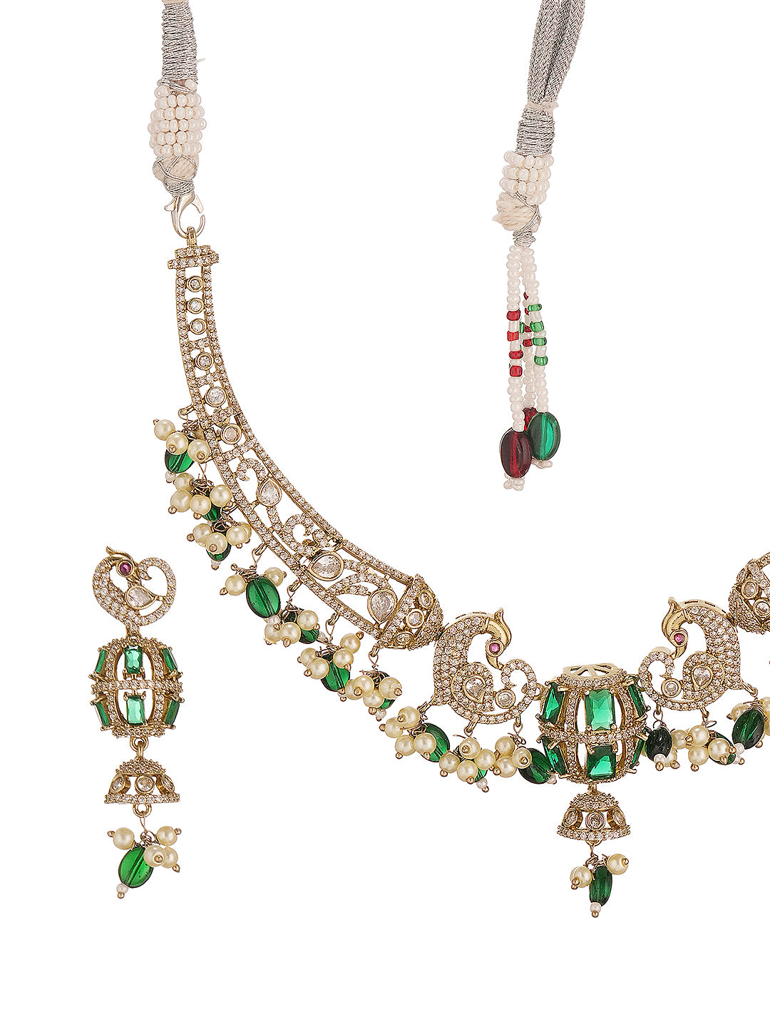 Antique Gold Plated Green Emerald AD  & Kundan Studded Temple Peacock Motif  Choker Jewellery Set