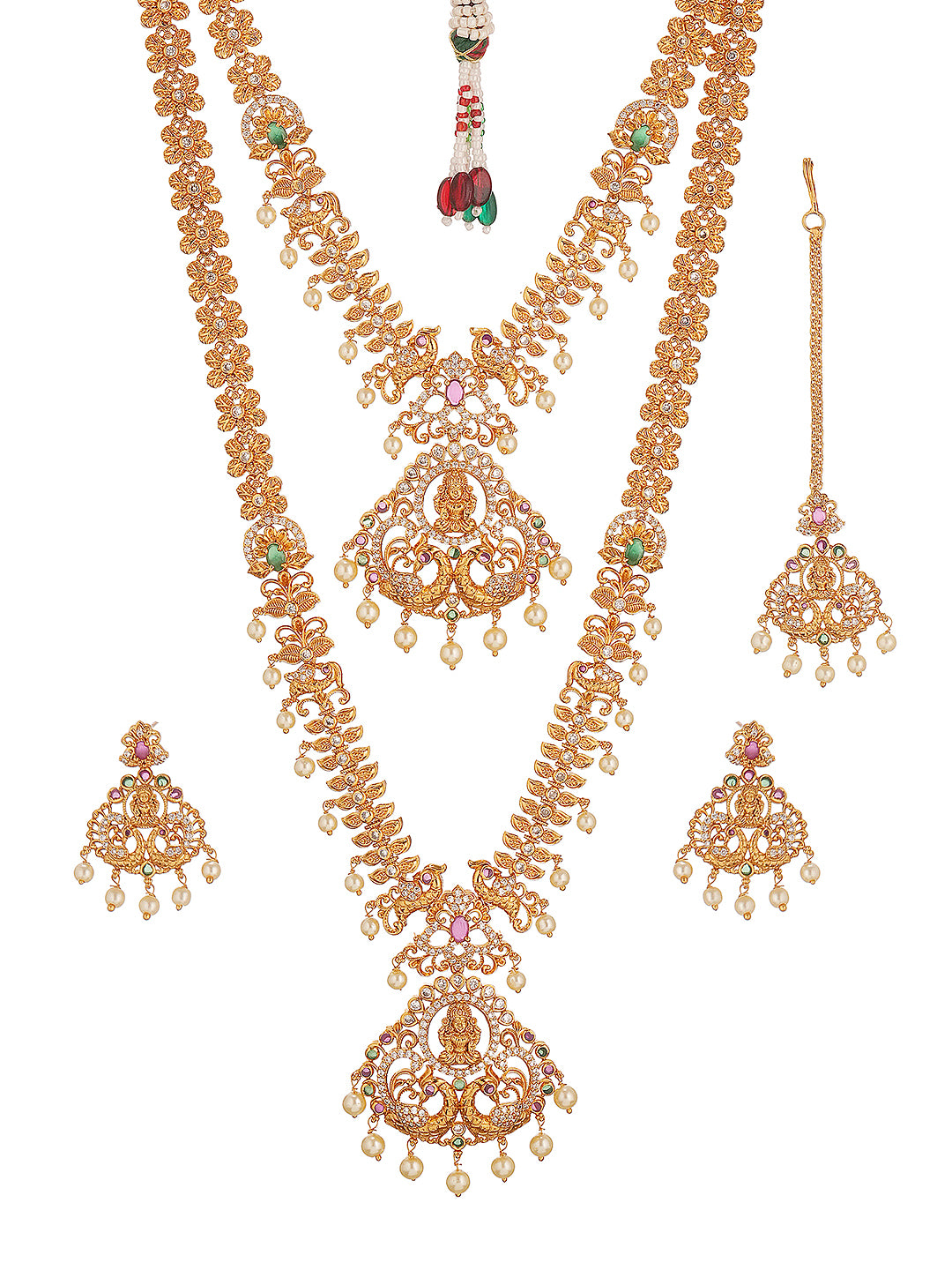 Combo Gold Plated White AD & Pearl Studded Temple  Lakshmiji Bridal  Jewellery Set