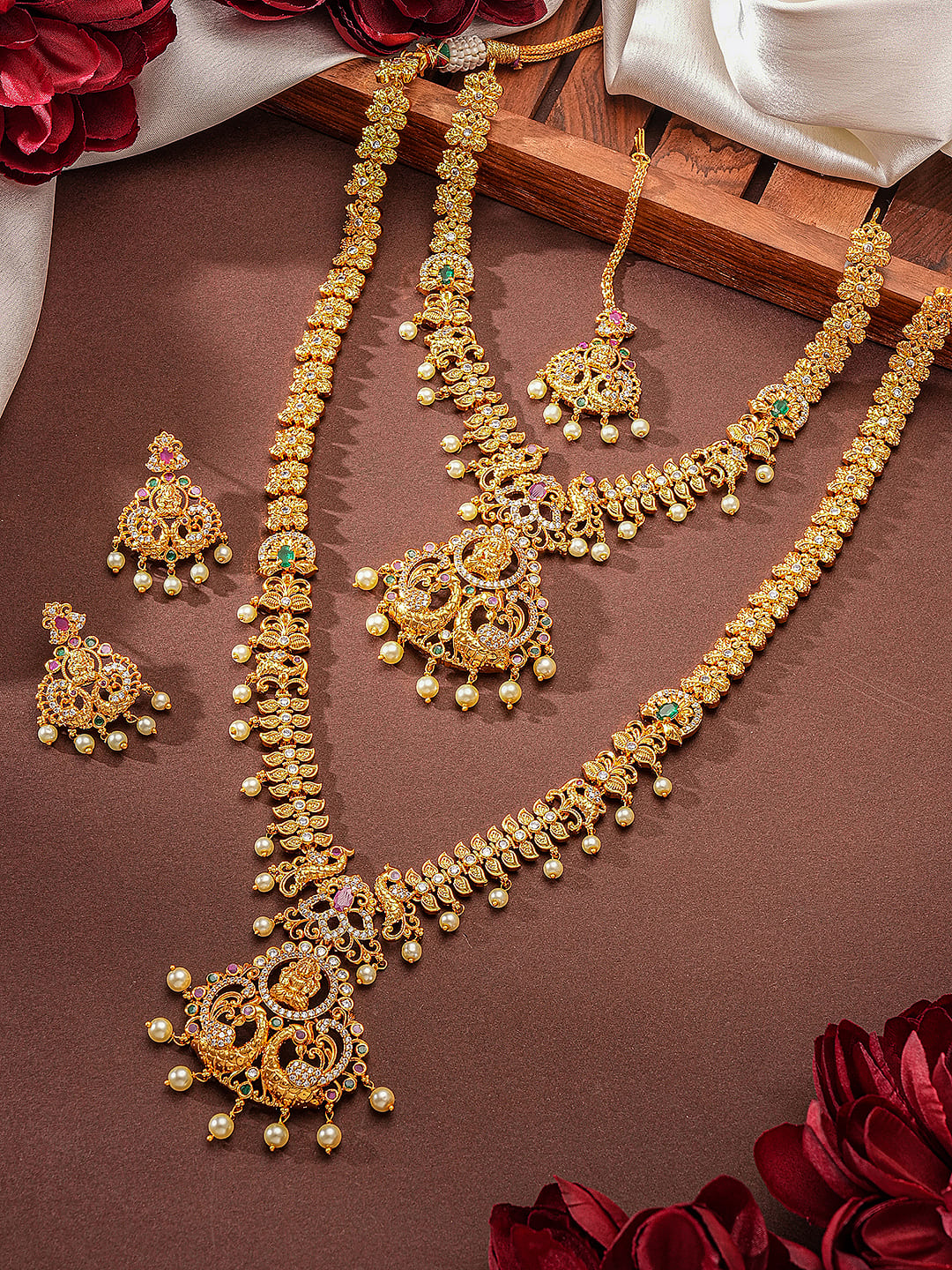 Combo Gold Plated White AD & Pearl Studded Temple  Lakshmiji Bridal  Jewellery Set