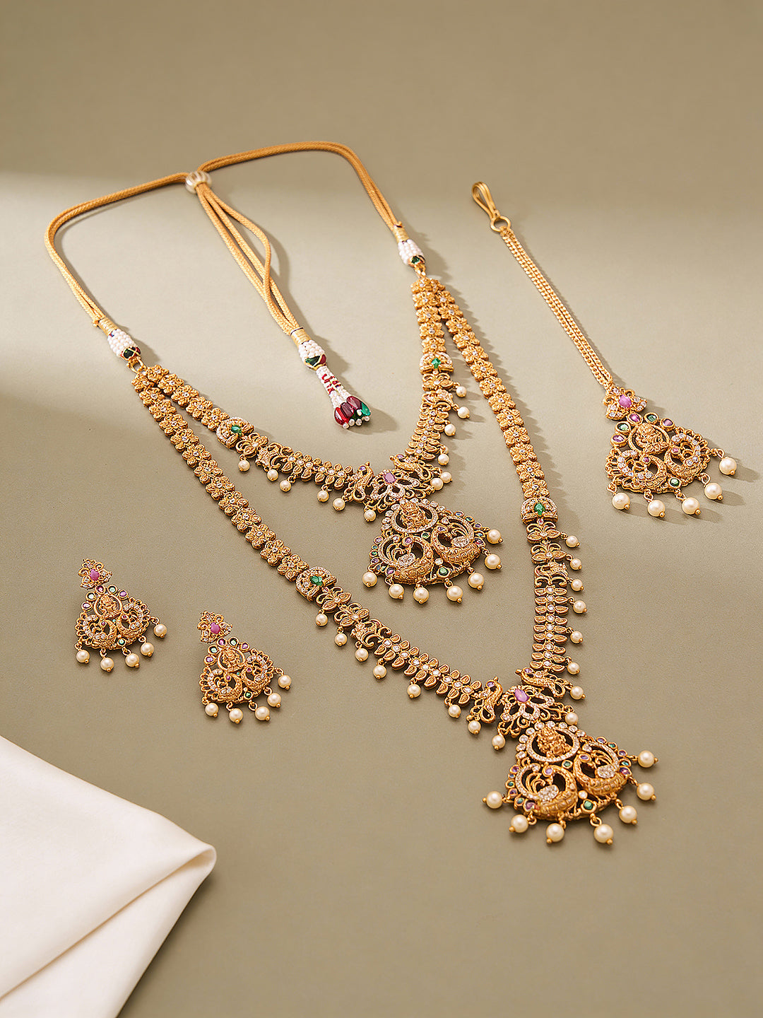 Combo Gold Plated White AD & Pearl Studded Temple  Lakshmiji Bridal  Jewellery Set