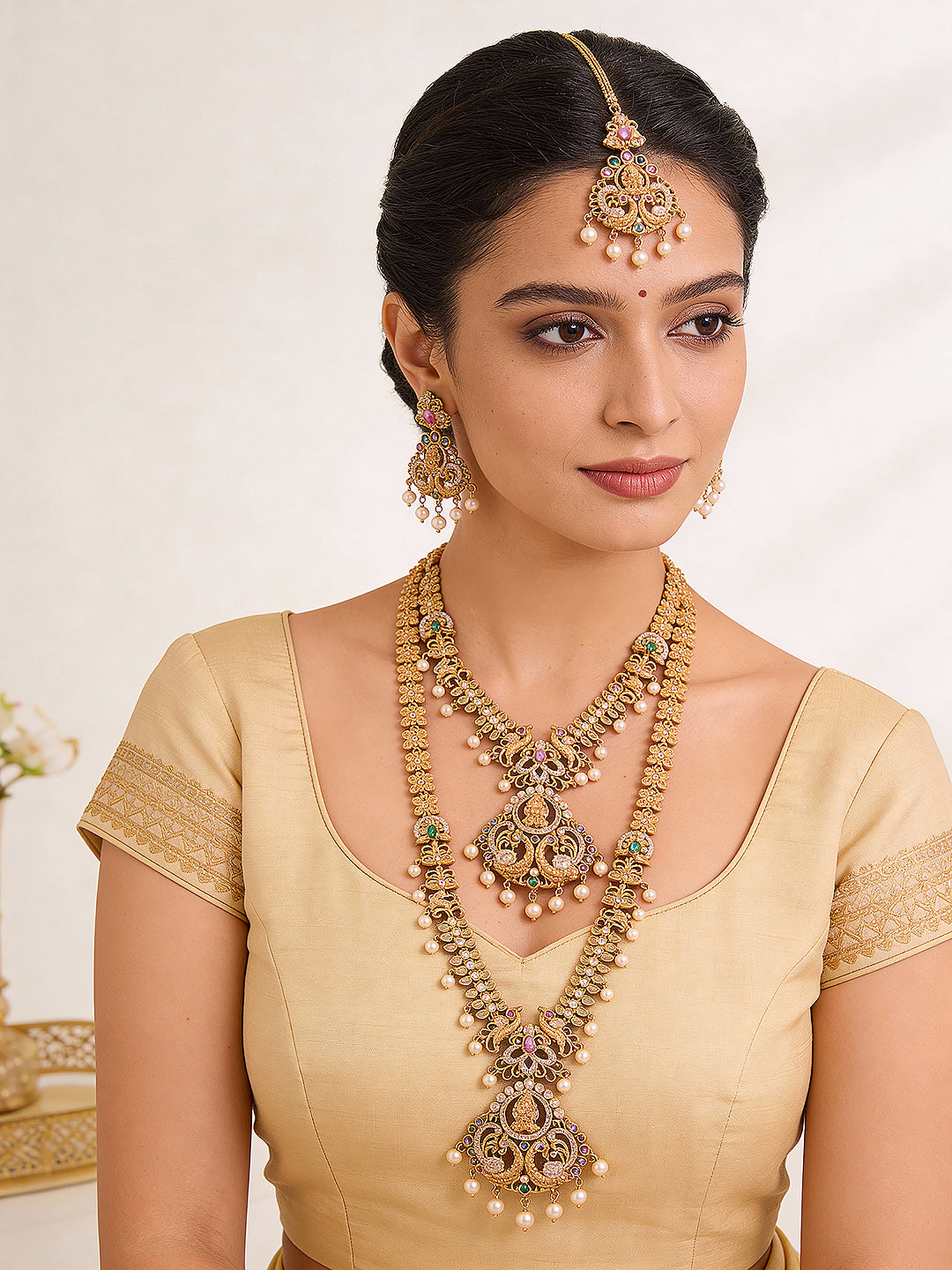 Combo Gold Plated White AD & Pearl Studded Temple  Lakshmiji Bridal  Jewellery Set