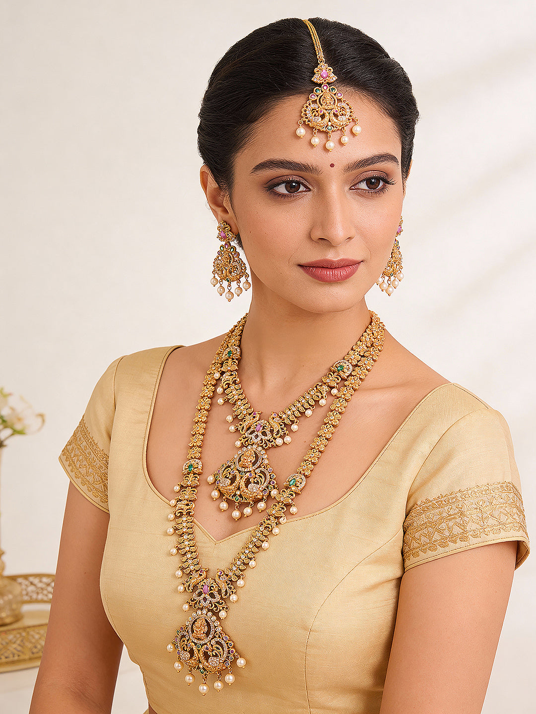 Combo Gold Plated White AD & Pearl Studded Temple  Lakshmiji Bridal  Jewellery Set