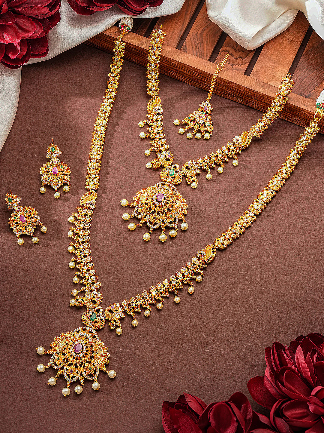 Combo Gold Plated AD & Pearl Studded Temple Peacock  Bridal  Jewellery Set