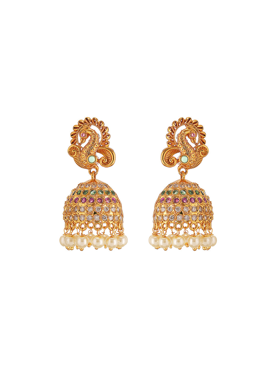Gold plated Multi Colored AD Studded Peacock Temple Jhumka Earrings