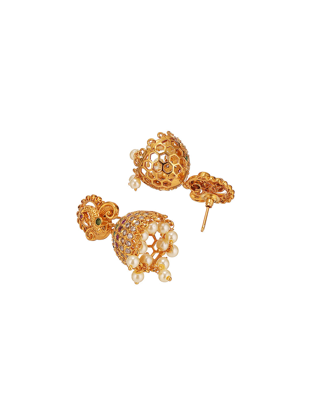 Gold plated Multi Colored AD Studded Peacock Temple Jhumka Earrings