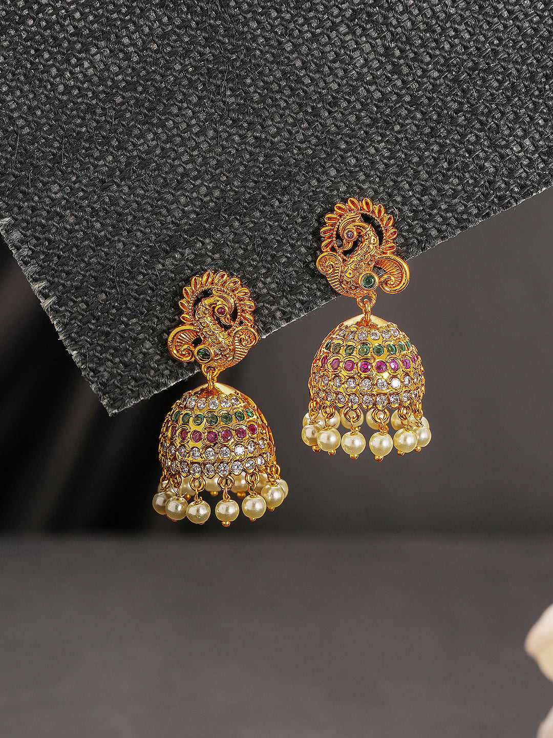 Gold plated Multi Colored AD Studded Peacock Temple Jhumka Earrings