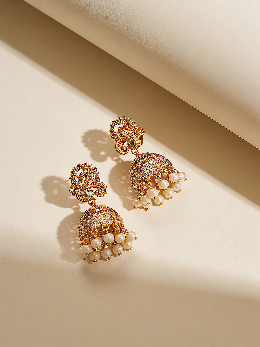 Gold plated Multi Colored AD Studded Peacock Temple Jhumka Earrings