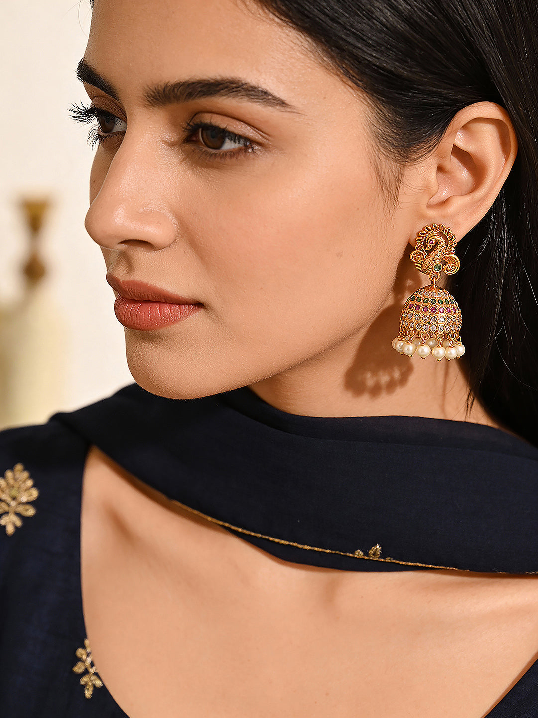 Gold plated Multi Colored AD Studded Peacock Temple Jhumka Earrings