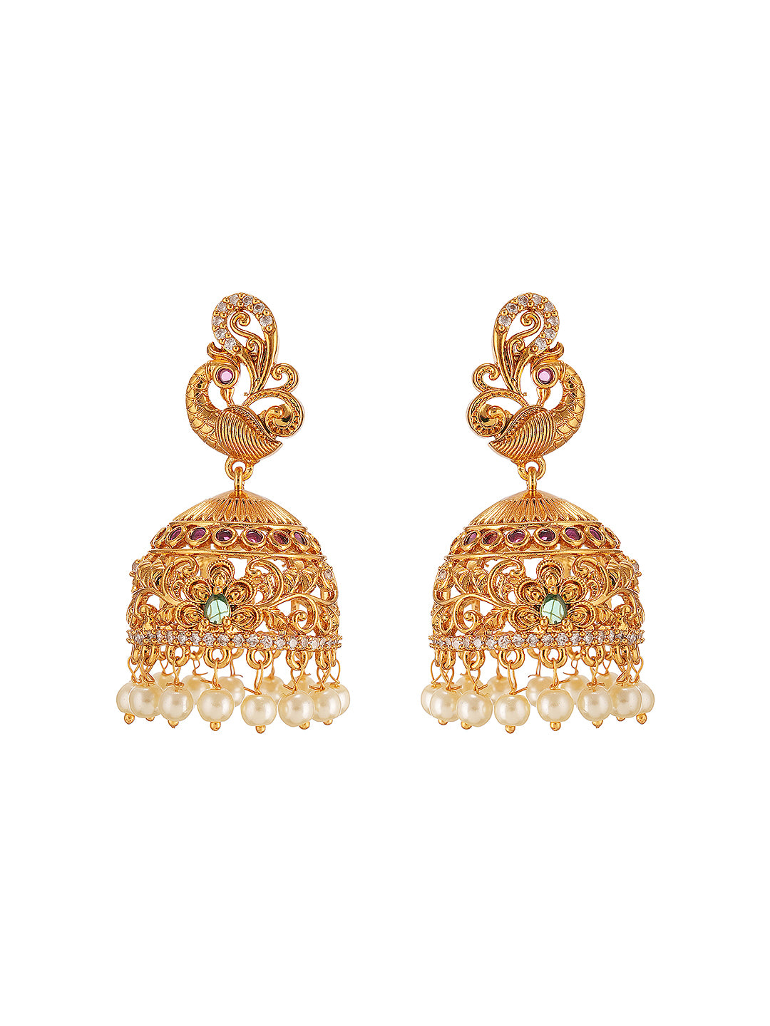 Gold plated Multi Colored AD Studded Peacock Floral  Temple Jhumka Earrings