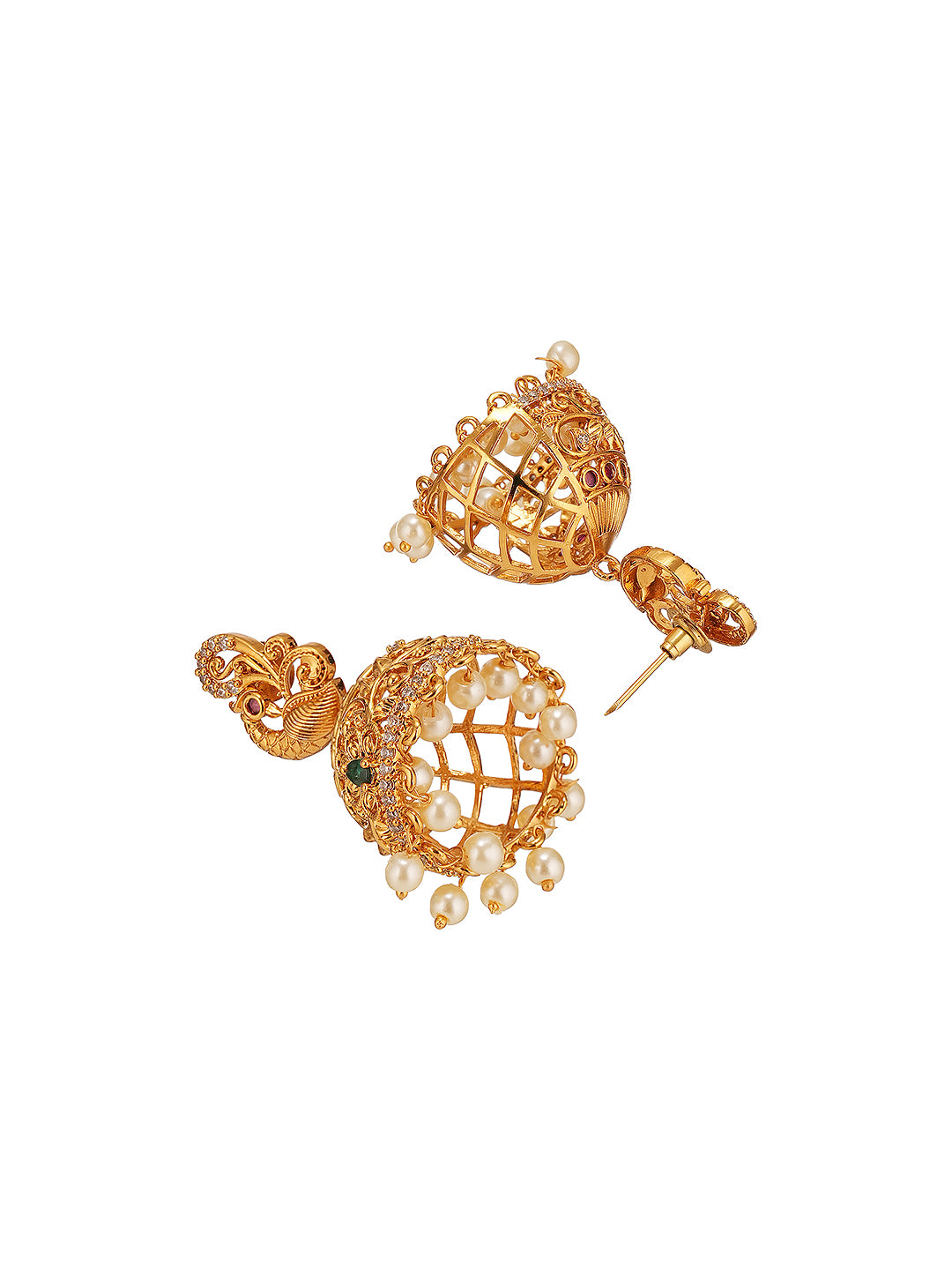 Gold plated Multi Colored AD Studded Peacock Floral  Temple Jhumka Earrings