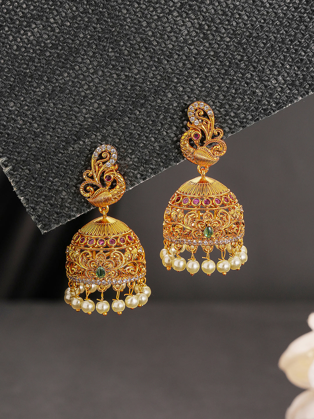 Gold plated Multi Colored AD Studded Peacock Floral  Temple Jhumka Earrings