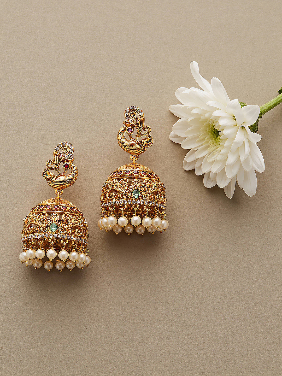 Gold plated Multi Colored AD Studded Peacock Floral  Temple Jhumka Earrings