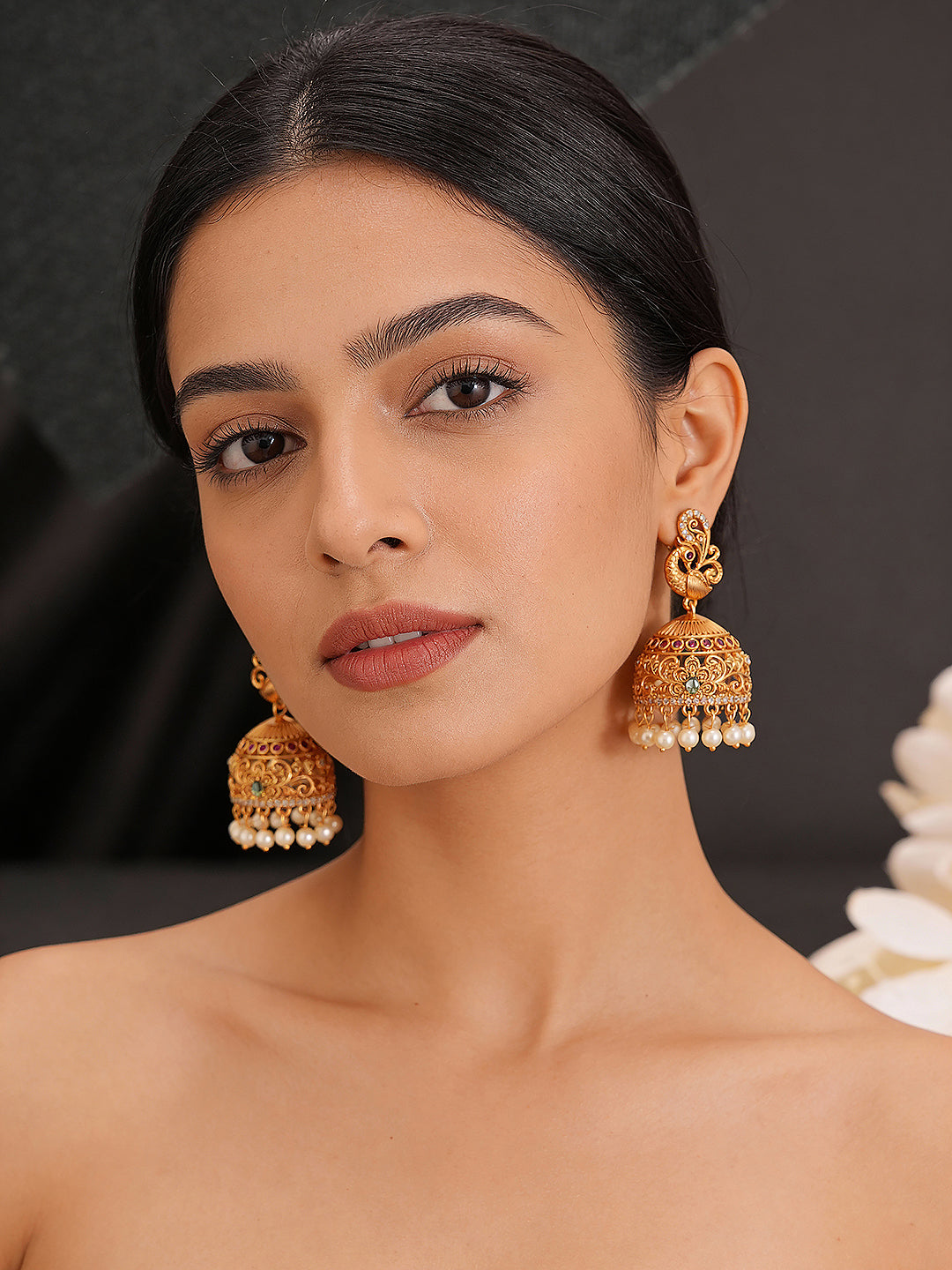 Gold plated Multi Colored AD Studded Peacock Floral  Temple Jhumka Earrings