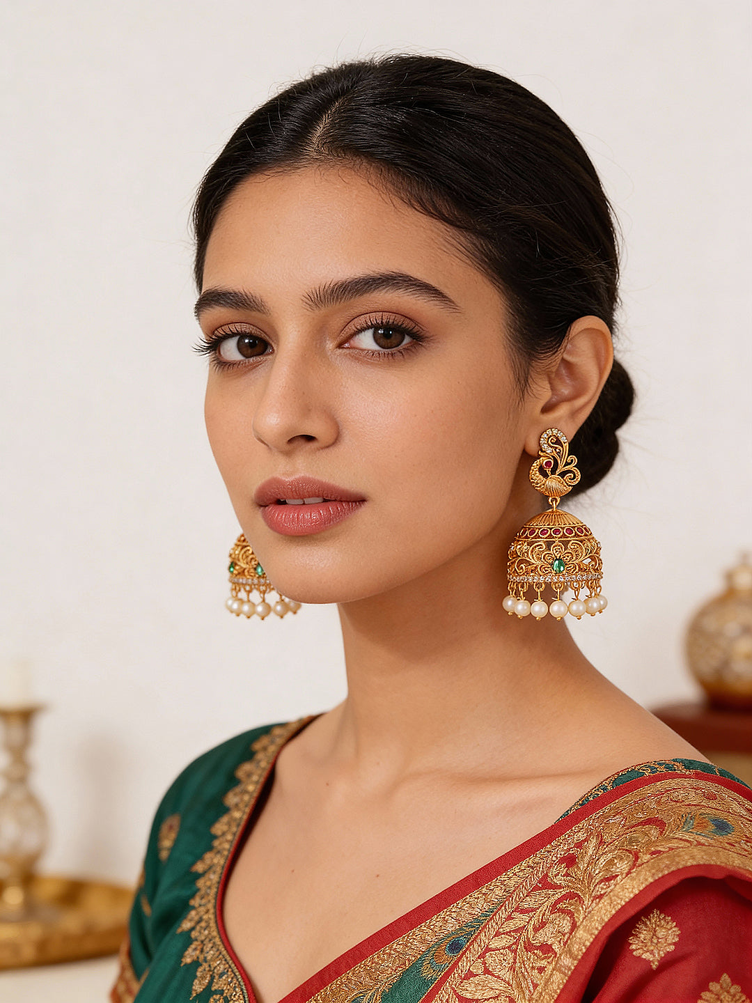 Gold plated Multi Colored AD Studded Peacock Floral  Temple Jhumka Earrings