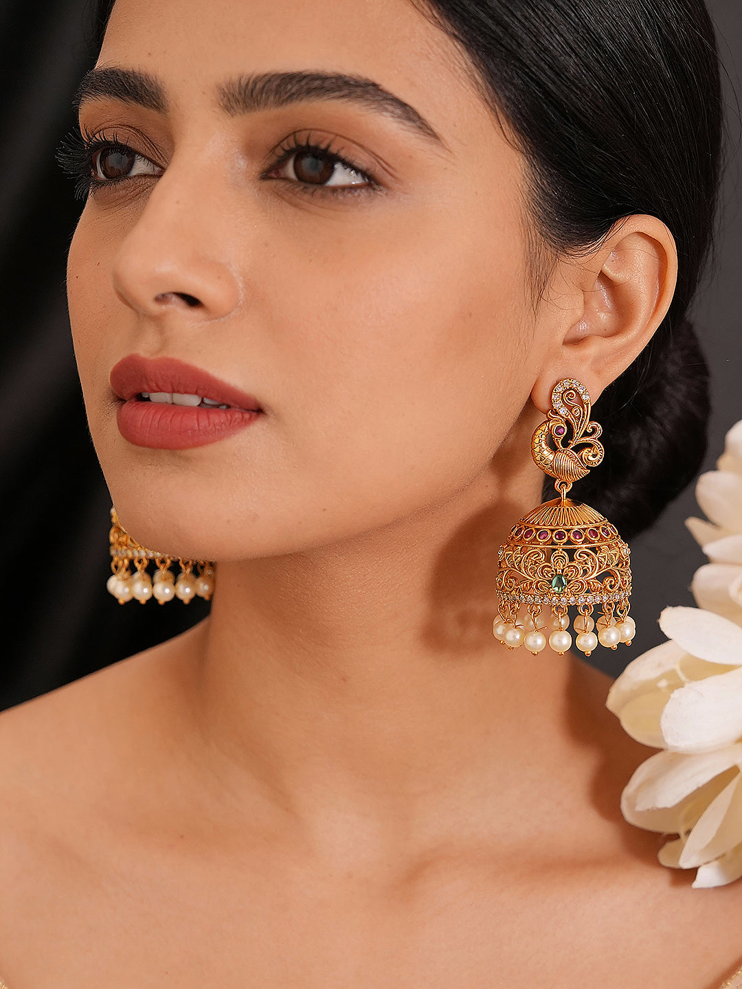 Gold plated Multi Colored AD Studded Peacock Floral  Temple Jhumka Earrings