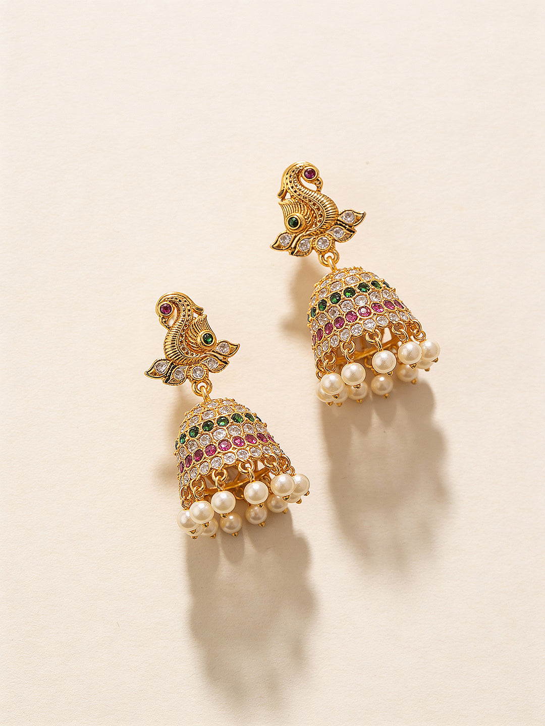 Gold Plated AD Studded Contemporary Peacock Temple Jhumka Earrings