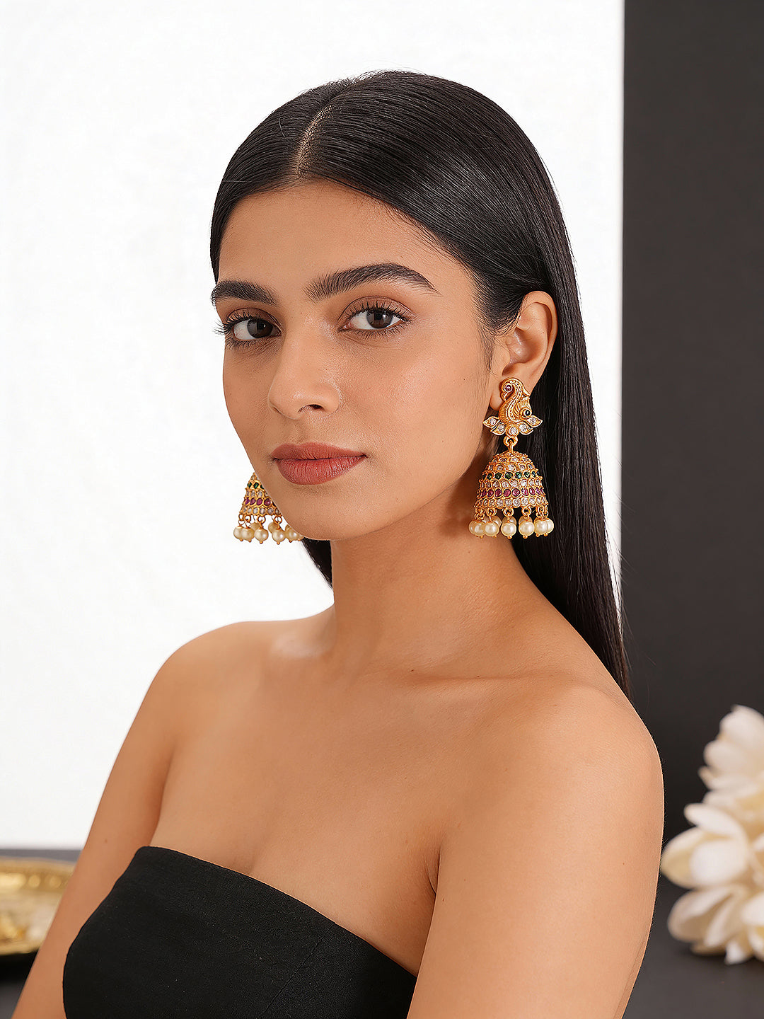 Gold Plated AD Studded Contemporary Peacock Temple Jhumka Earrings