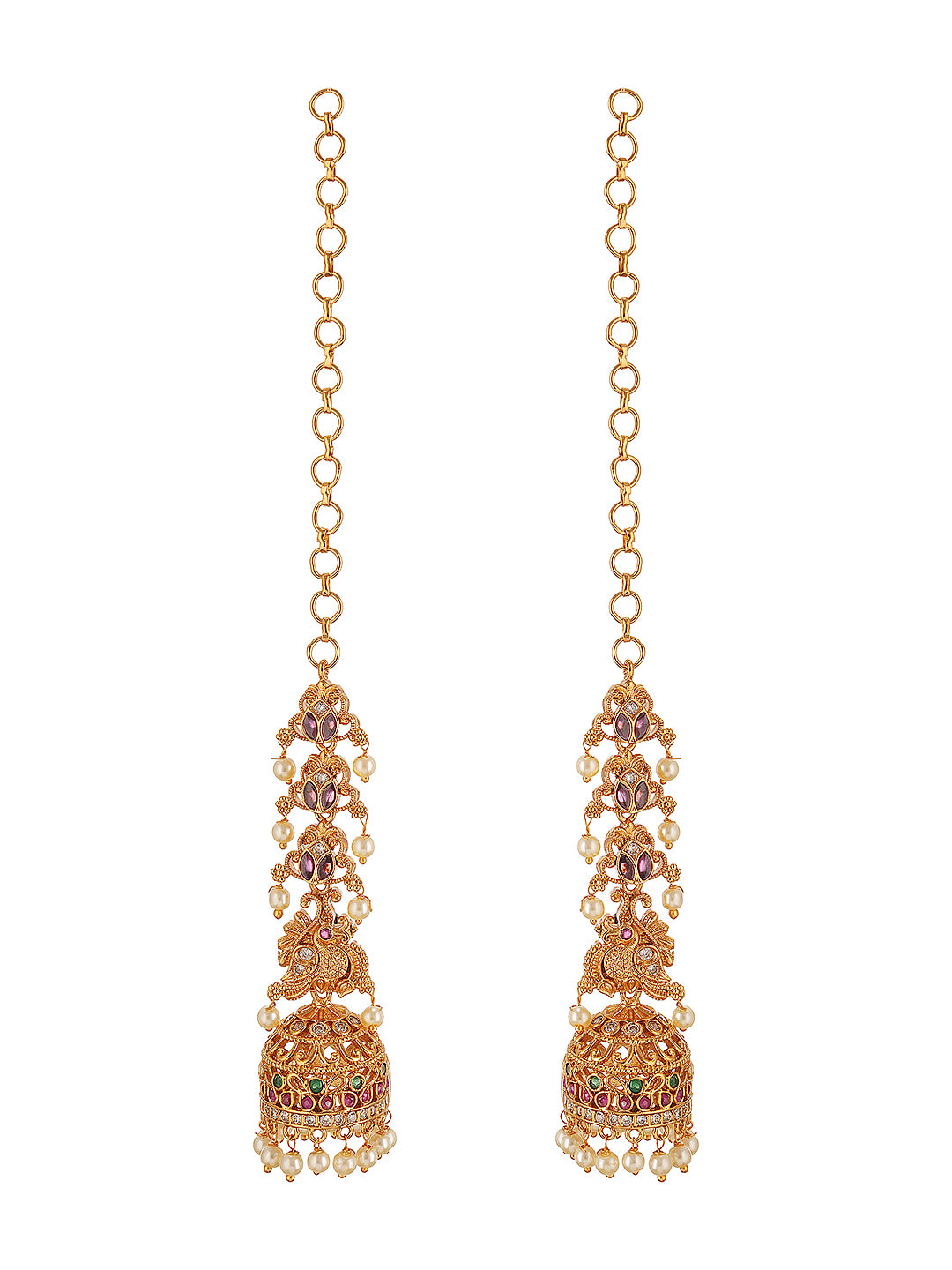 Gold Plated AD Studded Peacock Floral Motif Matil Earchain Jhumka Earrings