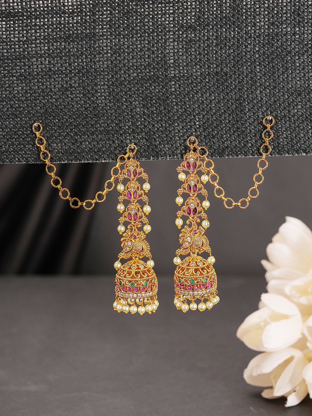 Gold Plated AD Studded Peacock Floral Motif Matil Earchain Jhumka Earrings