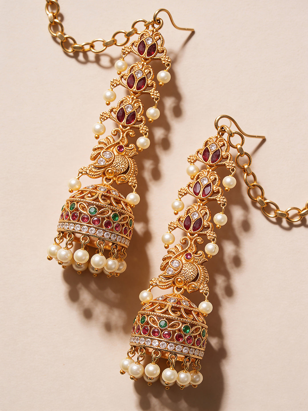 Gold Plated AD Studded Peacock Floral Motif Matil Earchain Jhumka Earrings