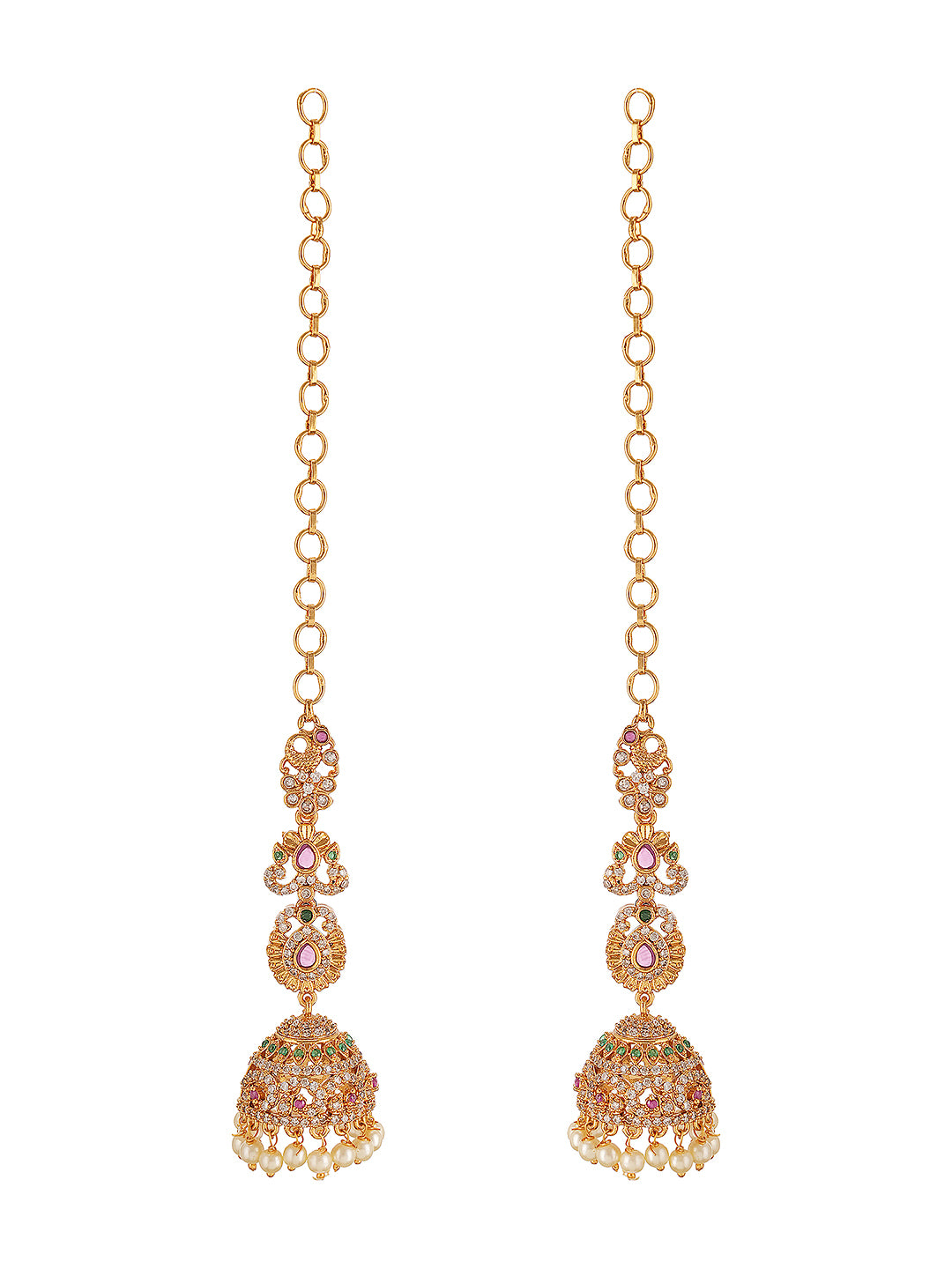 Gold Plated AD Studded Designer  Floral Motif Matil Earchain Jhumka Earrings