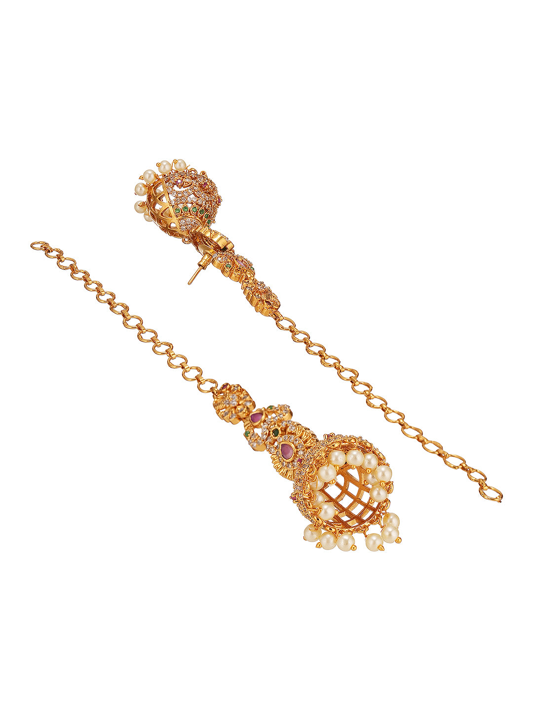 Gold Plated AD Studded Designer  Floral Motif Matil Earchain Jhumka Earrings