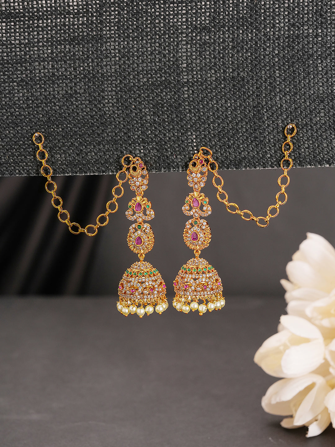 Gold Plated AD Studded Designer  Floral Motif Matil Earchain Jhumka Earrings