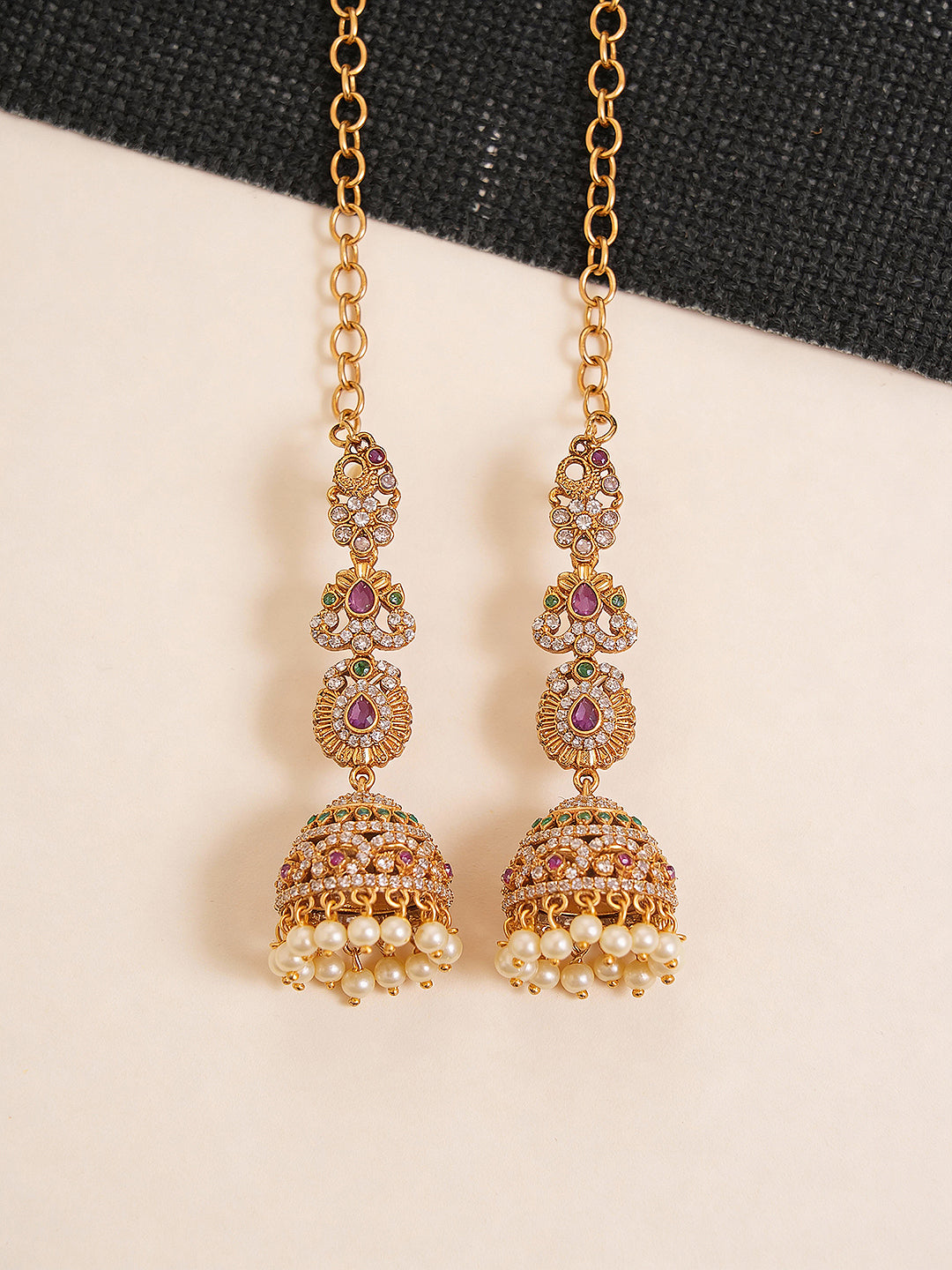 Gold Plated AD Studded Designer  Floral Motif Matil Earchain Jhumka Earrings